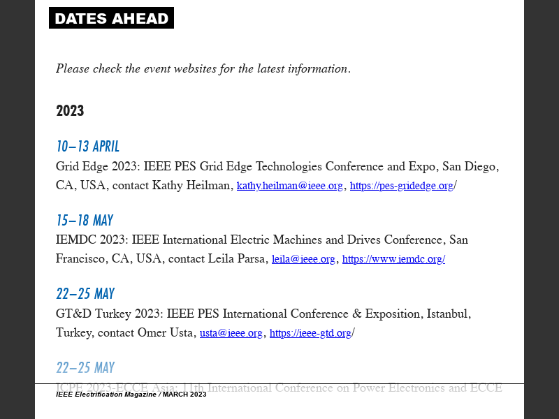 IEEE Electrification Magazine March 2023Dates Ahead