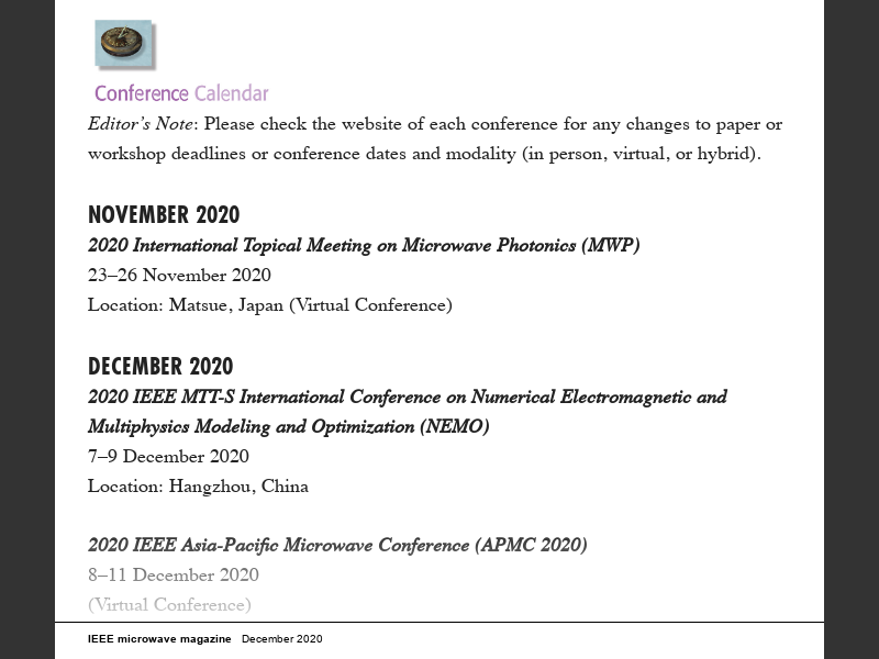 IEEE Microwave Magazine December 2020Conference Calendar