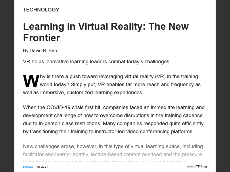 Focus Magazine - Fall 2021Learning in Virtual Reality: The New Frontier
