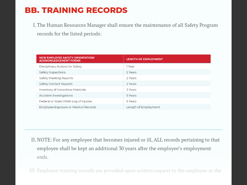 Hiller Safety Manual II Health and Safety ProgramBB. Training Records