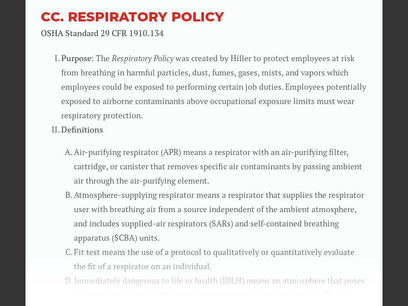 Hiller Safety Manual II Health and Safety ProgramCC. Respiratory Policy