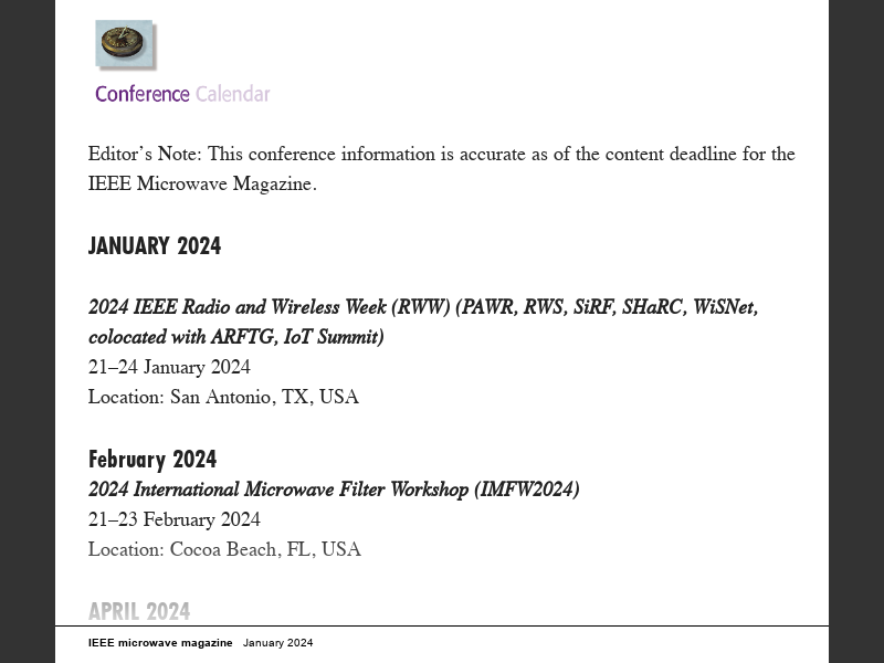 IEEE Microwave Magazine January 2024Conference Calendar