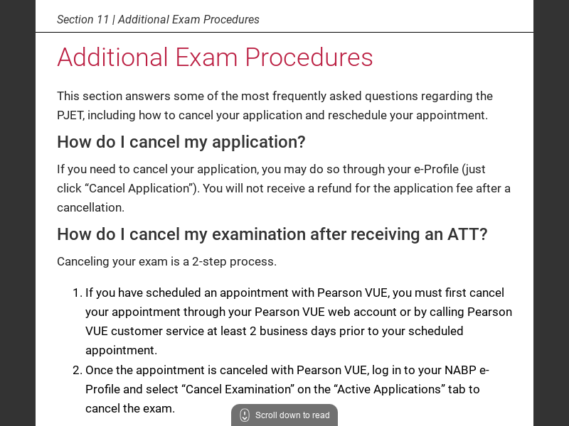 PJET Candidate Application BulletinSection 11 | Additional Exam Procedures