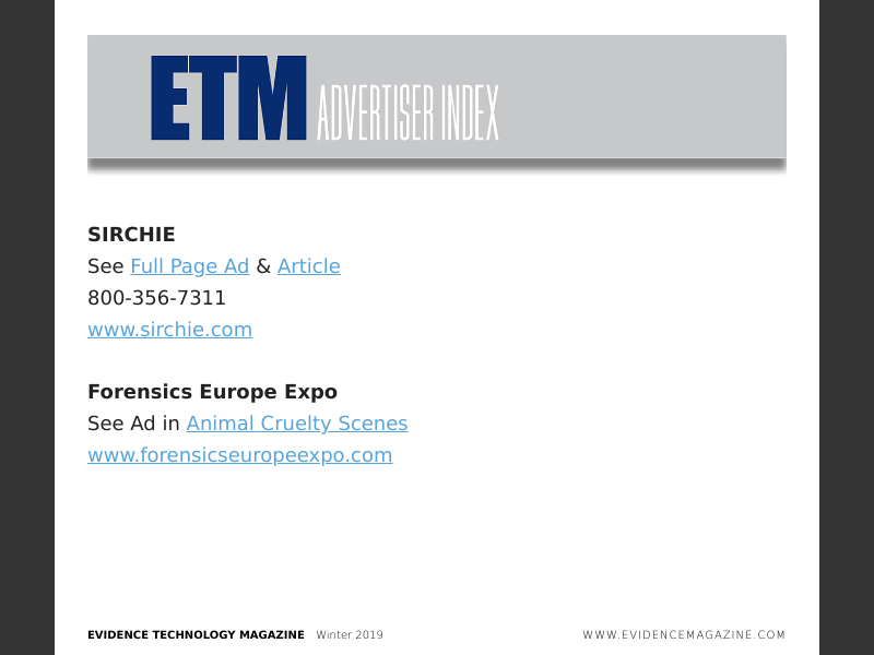 Evidence and Technology Magazine - March-April 2020ETM Advertiser Index