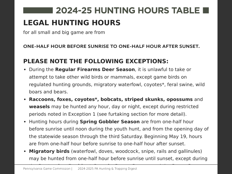 Hunting & Trapping Digest 2024-20252024-25 Hunting Hours Table