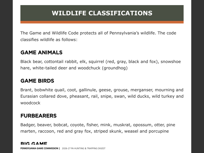 State Wildlife Ranks Hunting & Trapping Digest 2026-2027Wildlife Classifications
