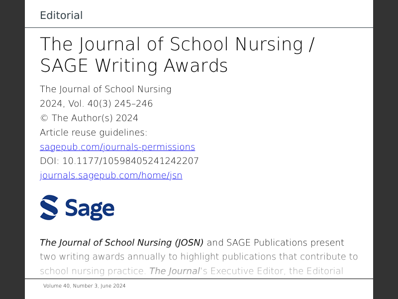 June 2024the Journal Of School Nursing Sage Writing Awards